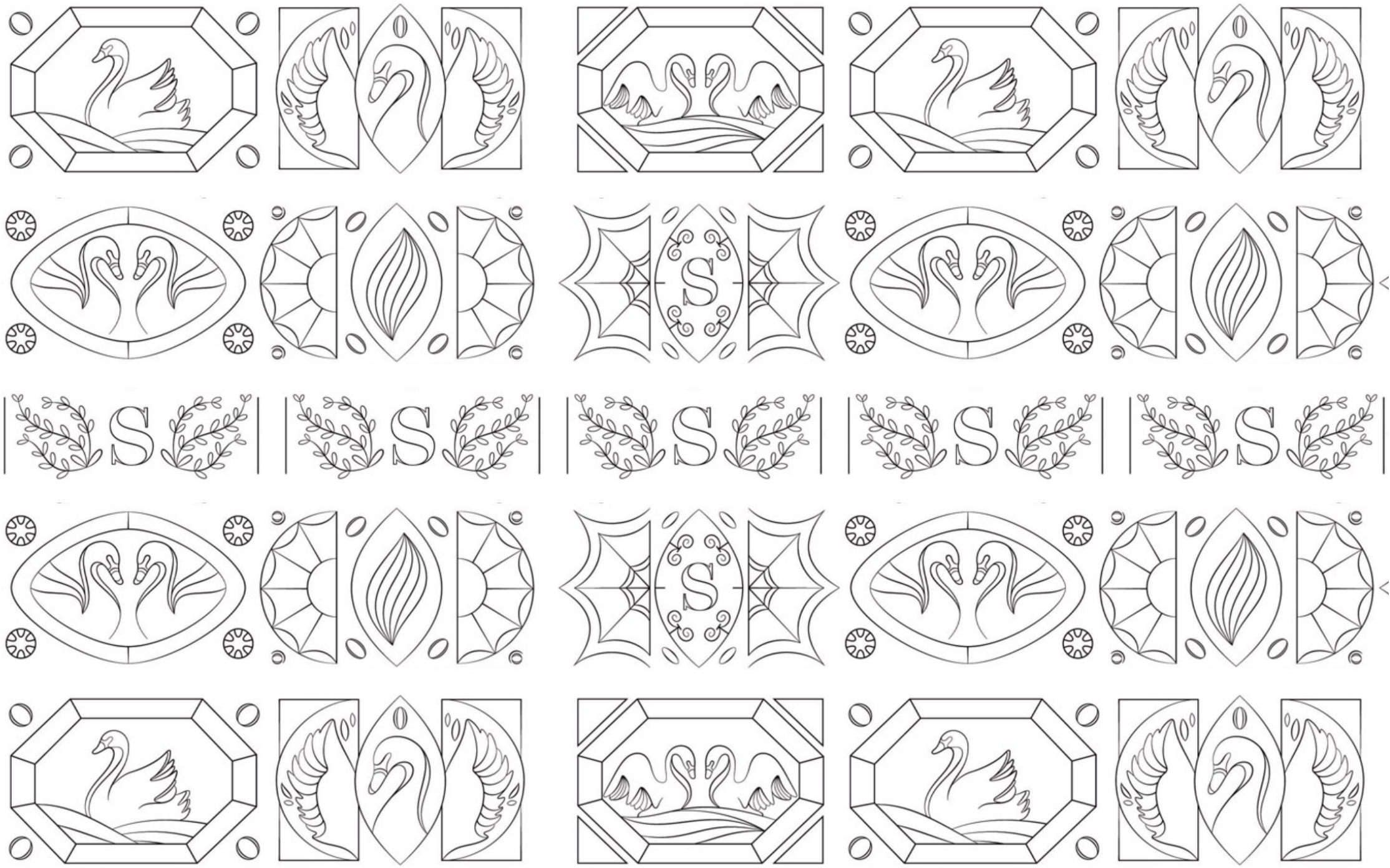 Cygnes et monogrammes S de Swansy, disposés en cinq rangées symétriques.